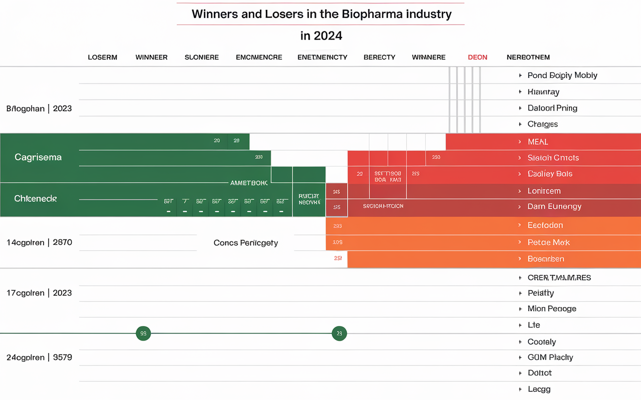 An abstract visualization of the dynamic shifts in the biopharmaceutical industry, highlighting winners and losers