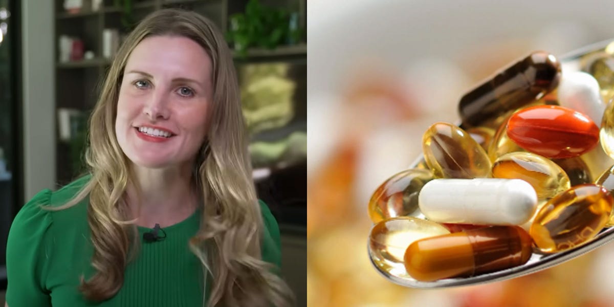 A colorful assortment of nuts, seeds, leafy greens, berries, olive oil, and dumbbells on a wooden table