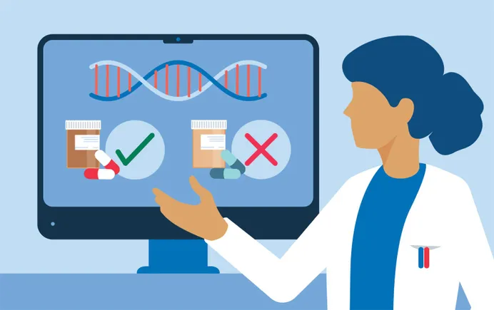 Digital illustration of DNA strands integrated with data streams