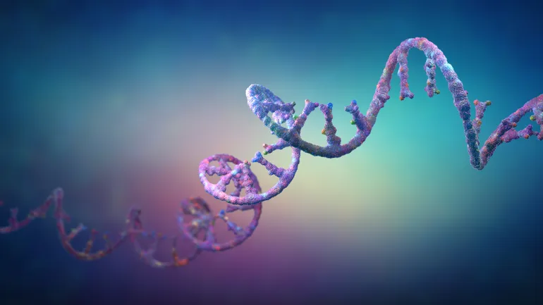 Abstract representation of RNA strands penetrating brain cells