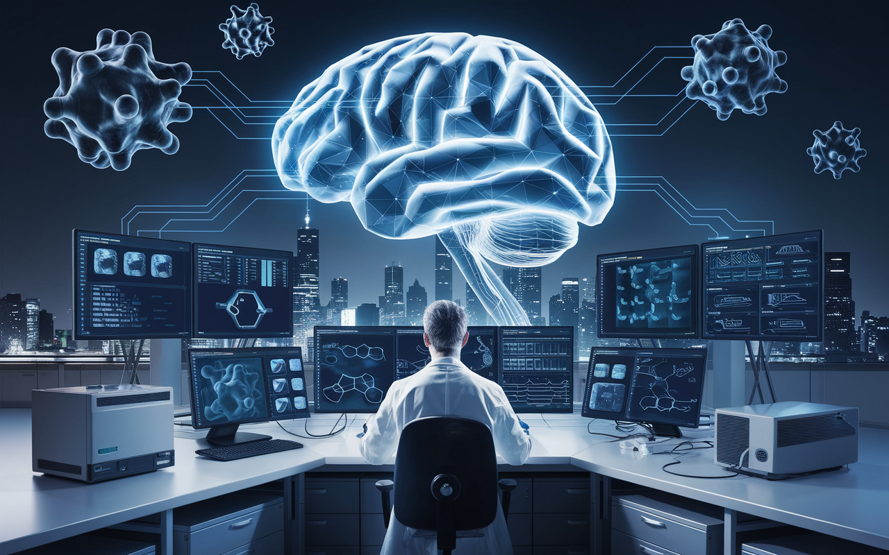 An abstract visualization of protein structures being manipulated by artificial intelligence algorithms