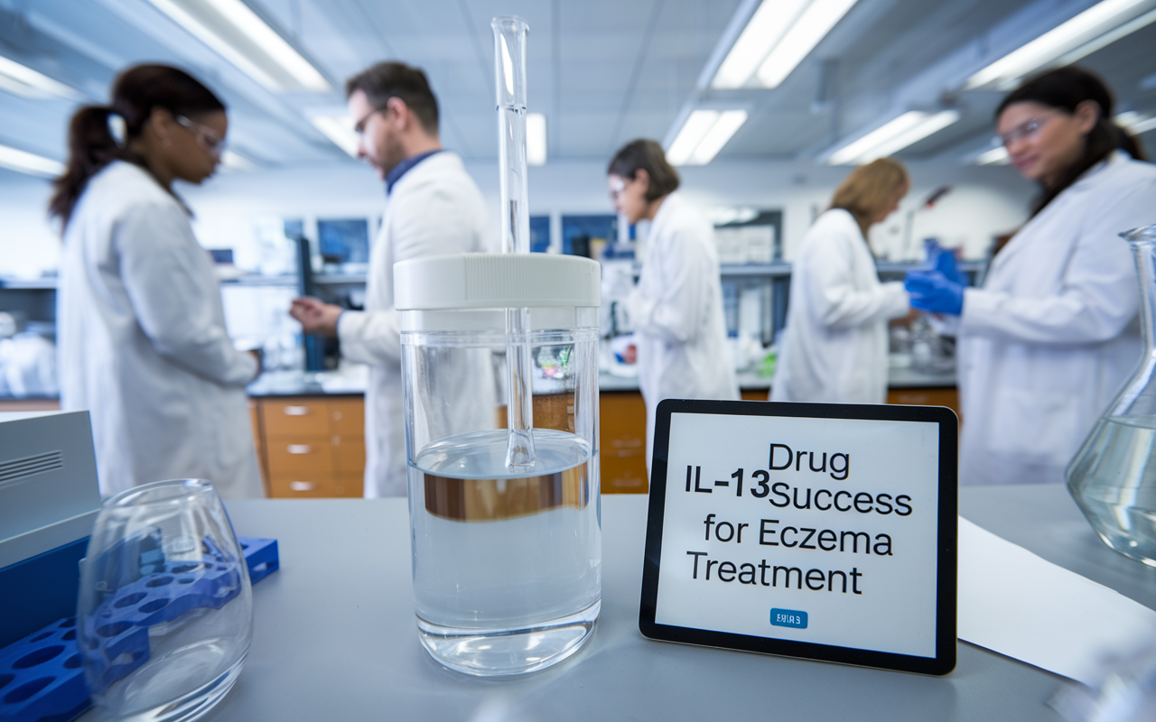 A lab researcher examining a vial of medication against a backdrop of skin cells