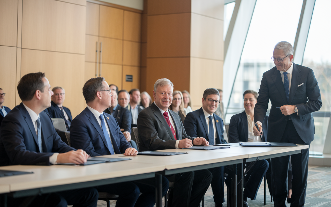 Two pharmaceutical companies shaking hands over a collaboration agreement