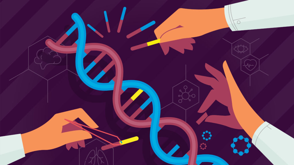Symbolic scales of justice overlaid with DNA strands
