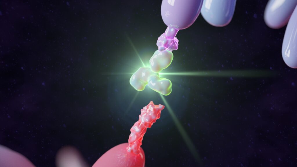 A shimmering gold nugget intertwined with molecular structures, symbolizing the fusion of bispecific antibodies in cancer therapy