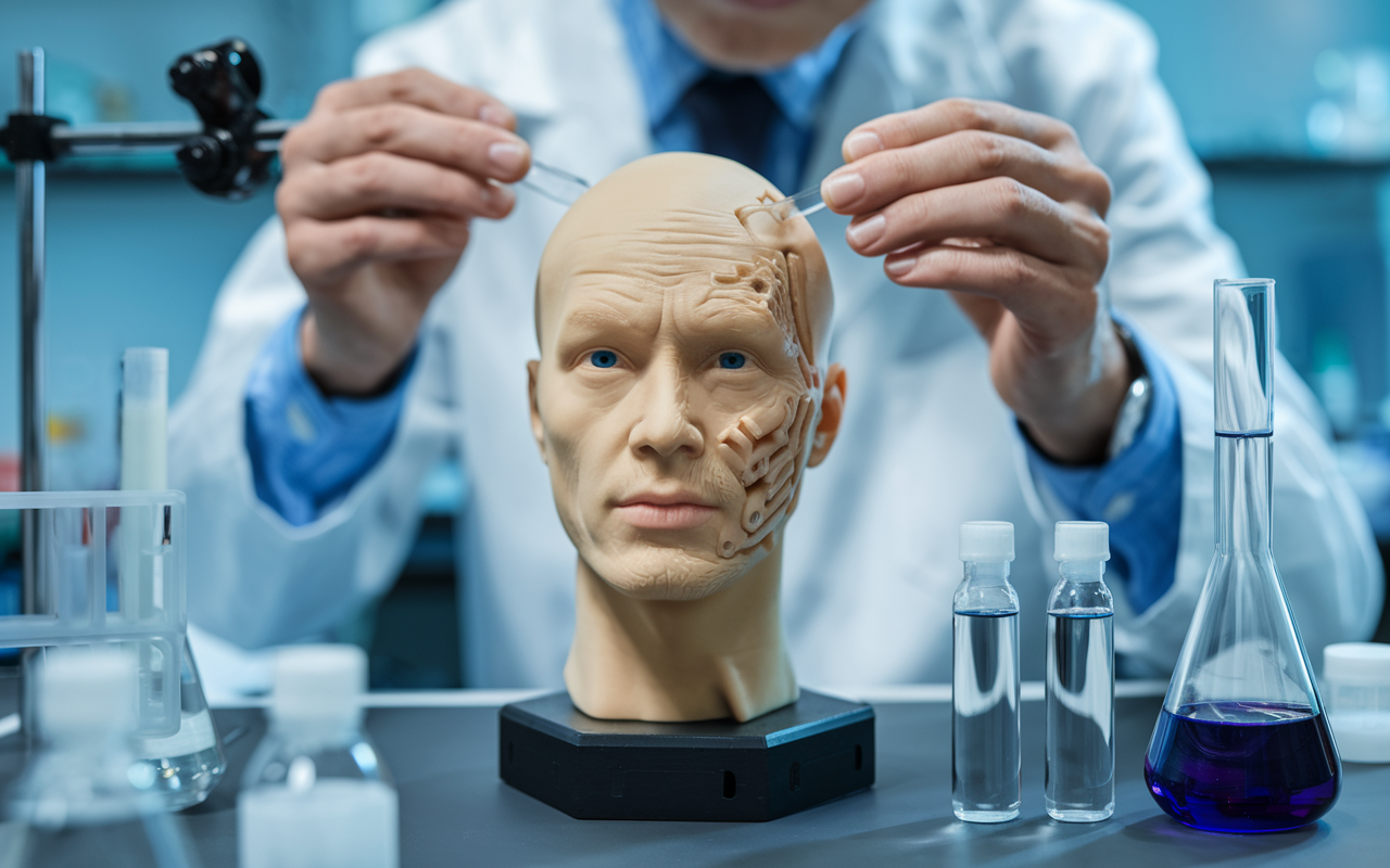 A close-up image of a laboratory mouse exploring a vibrant scientific environment