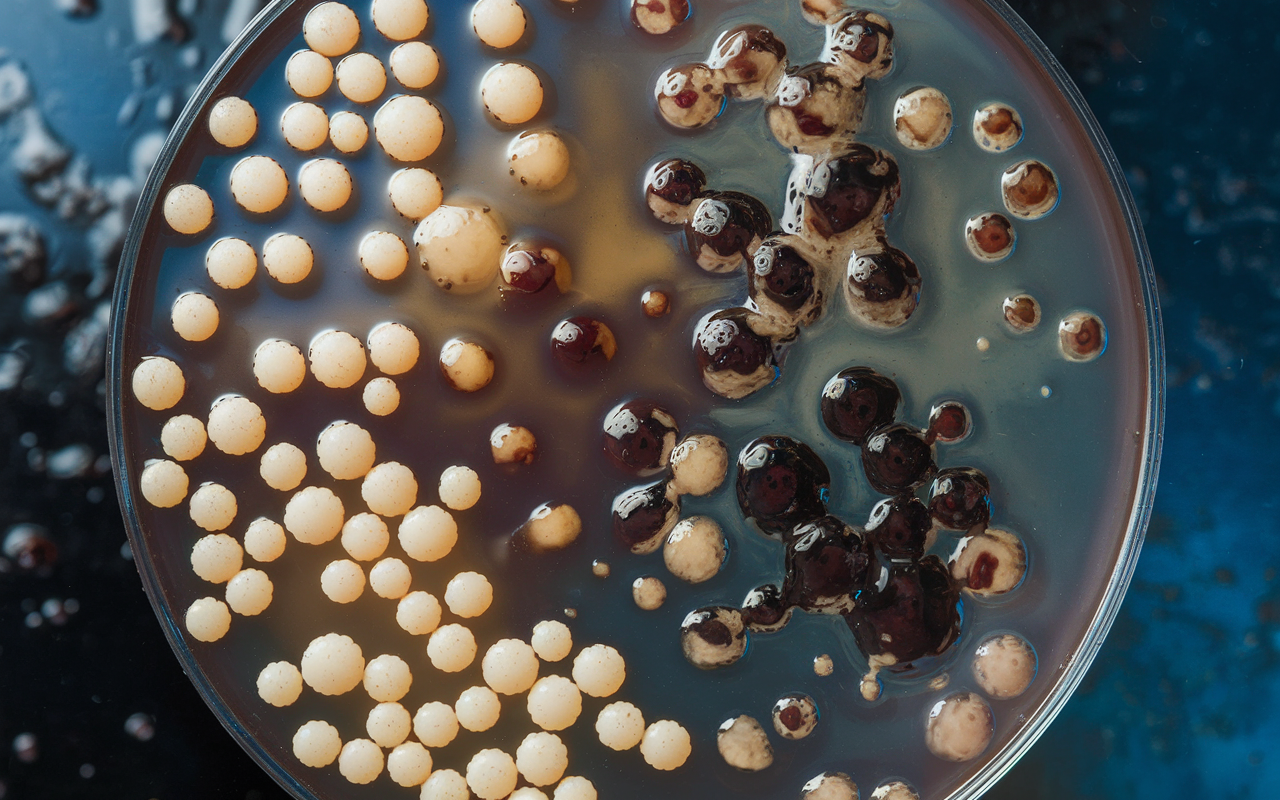 Artistic depiction of beneficial bacteria restoring skin pigmentation