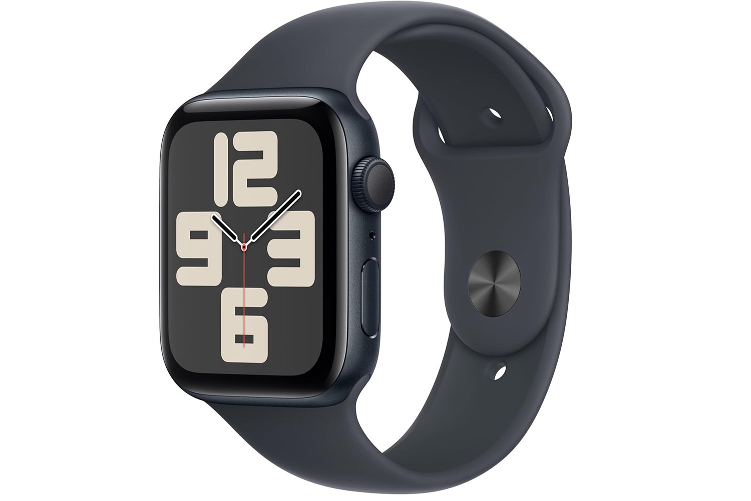 A sleek Apple Watch SE 2nd Gen displaying health tracking features against a minimalist fitness backdrop