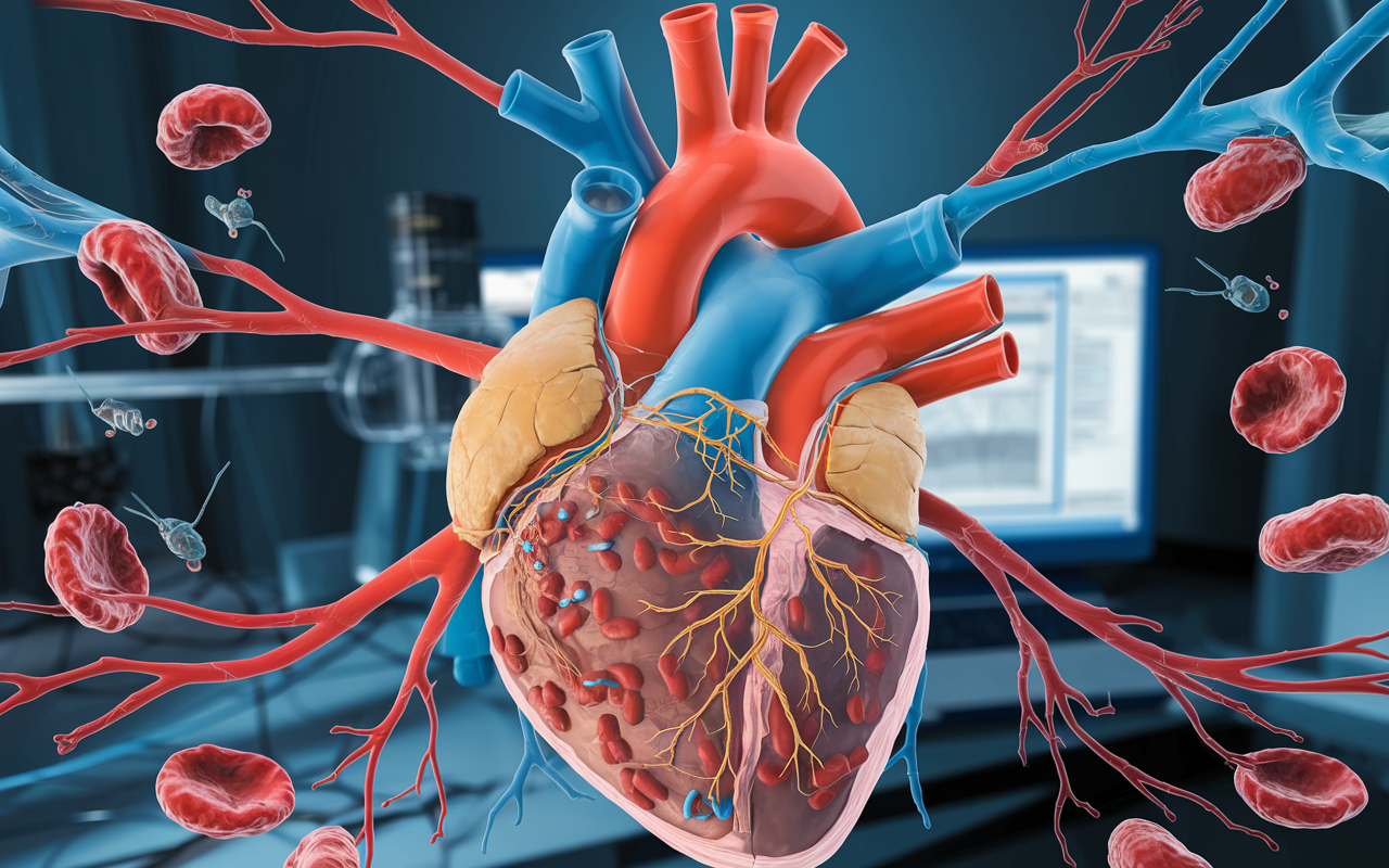 A heart regenerating with a boost of healing cells against a backdrop of scientific imagery