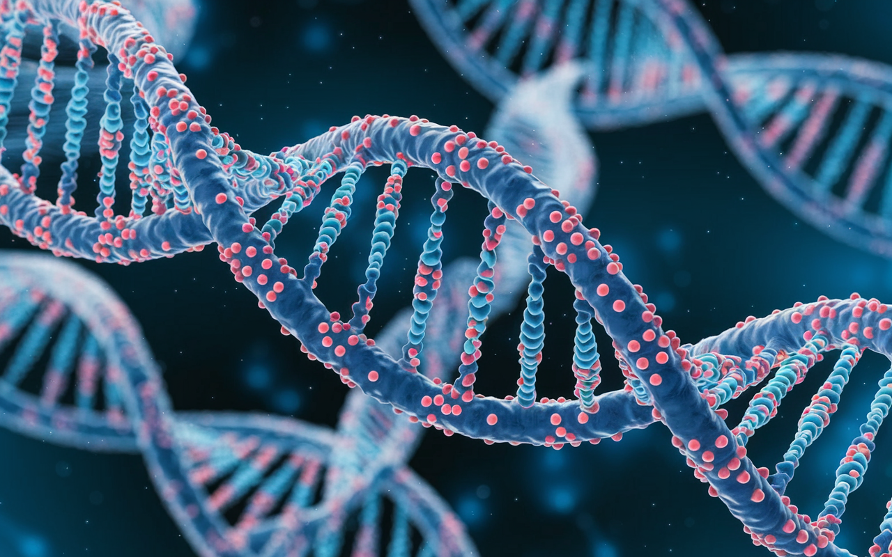 Abstract representation of gene editing targeting blood cells in a vibrant, cellular environment