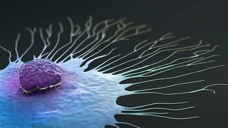 Abstract depiction of breast cancer cells being targeted by medication