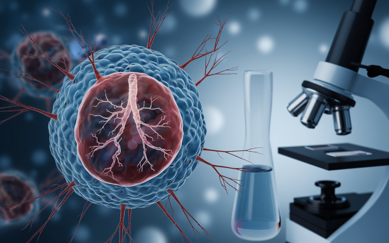 Illustration of a cutting-edge lung cancer research lab with researchers analyzing data
