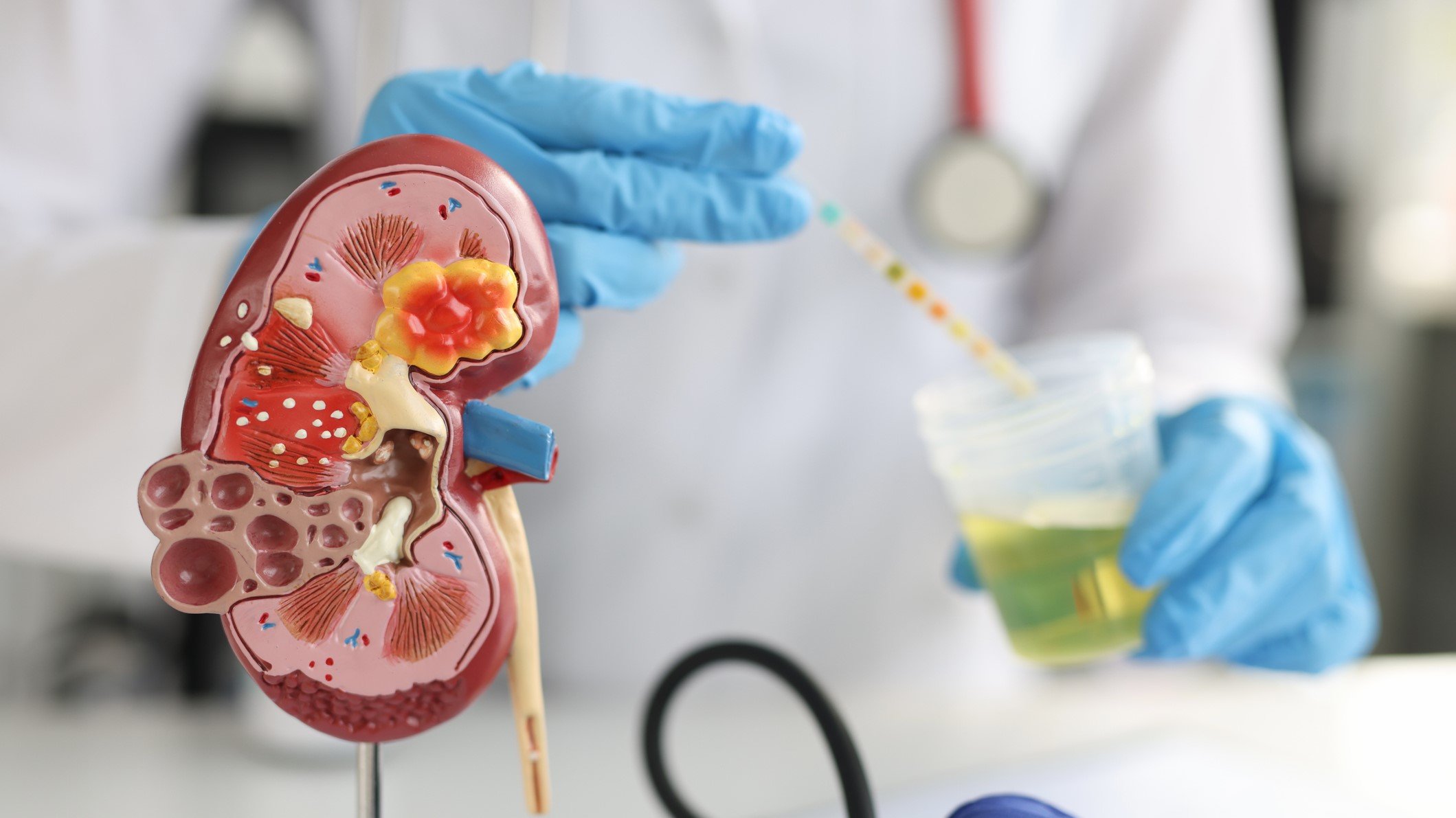 A laboratory vial labeled 'Gazyva' with a backdrop of kidneys symbolizing lupus nephritis research