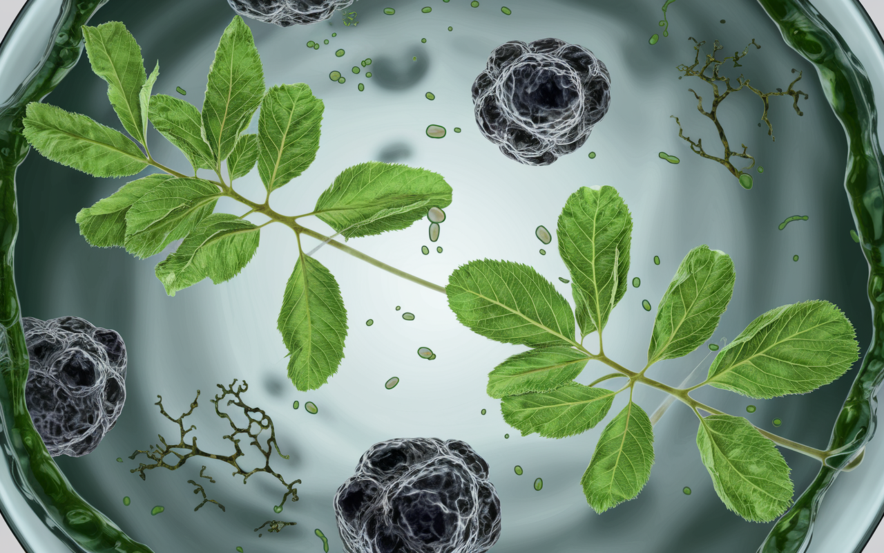 Illustration of stevia leaves with a laboratory flask