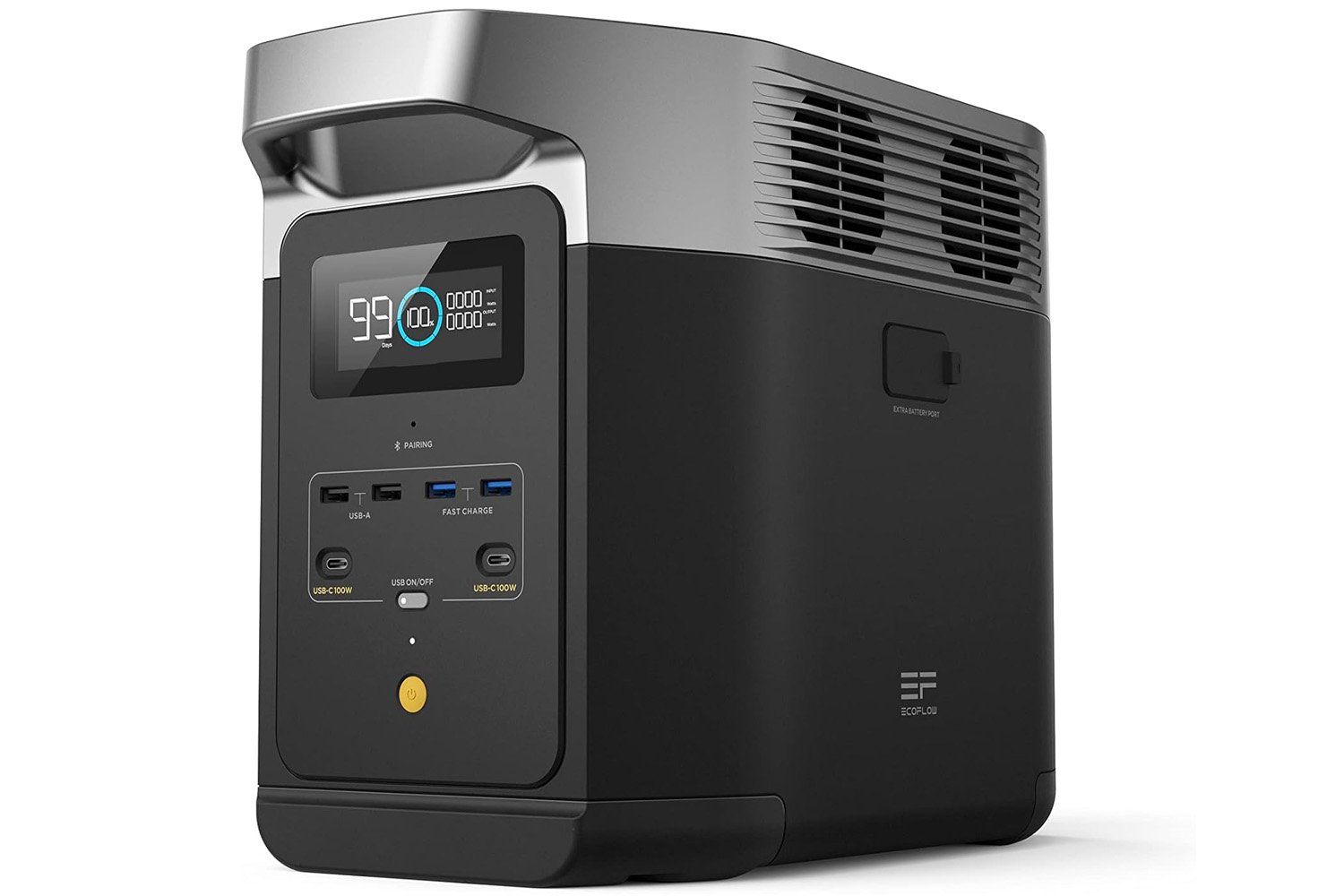 A sleek portable power station charging multiple devices outdoors under a clear sky