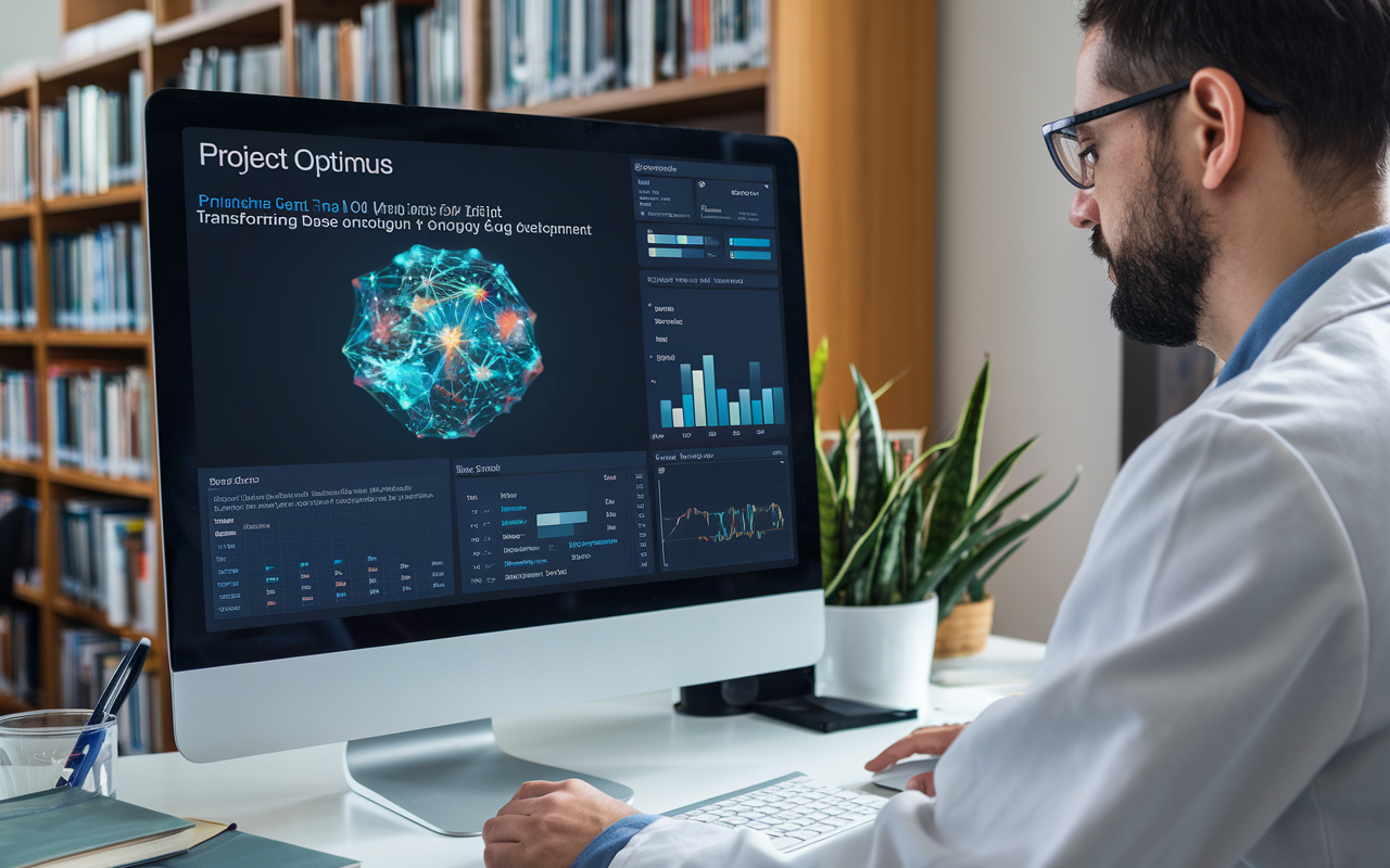 Conceptual image of data-driven analysis in oncology drug development, featuring graphs and molecular structures.