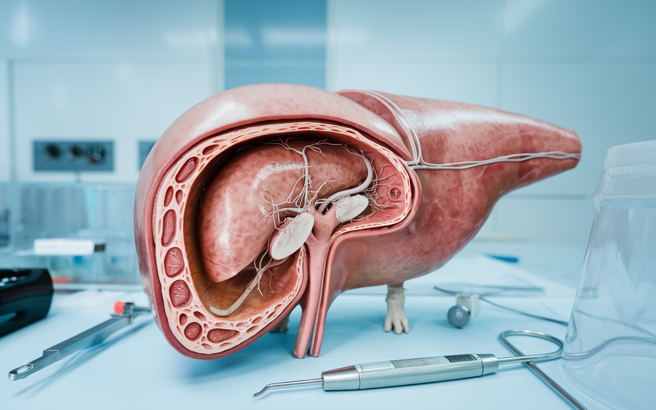 A futuristic laboratory setup with a pig liver connected to medical equipment, symbolizing advances in transplantation