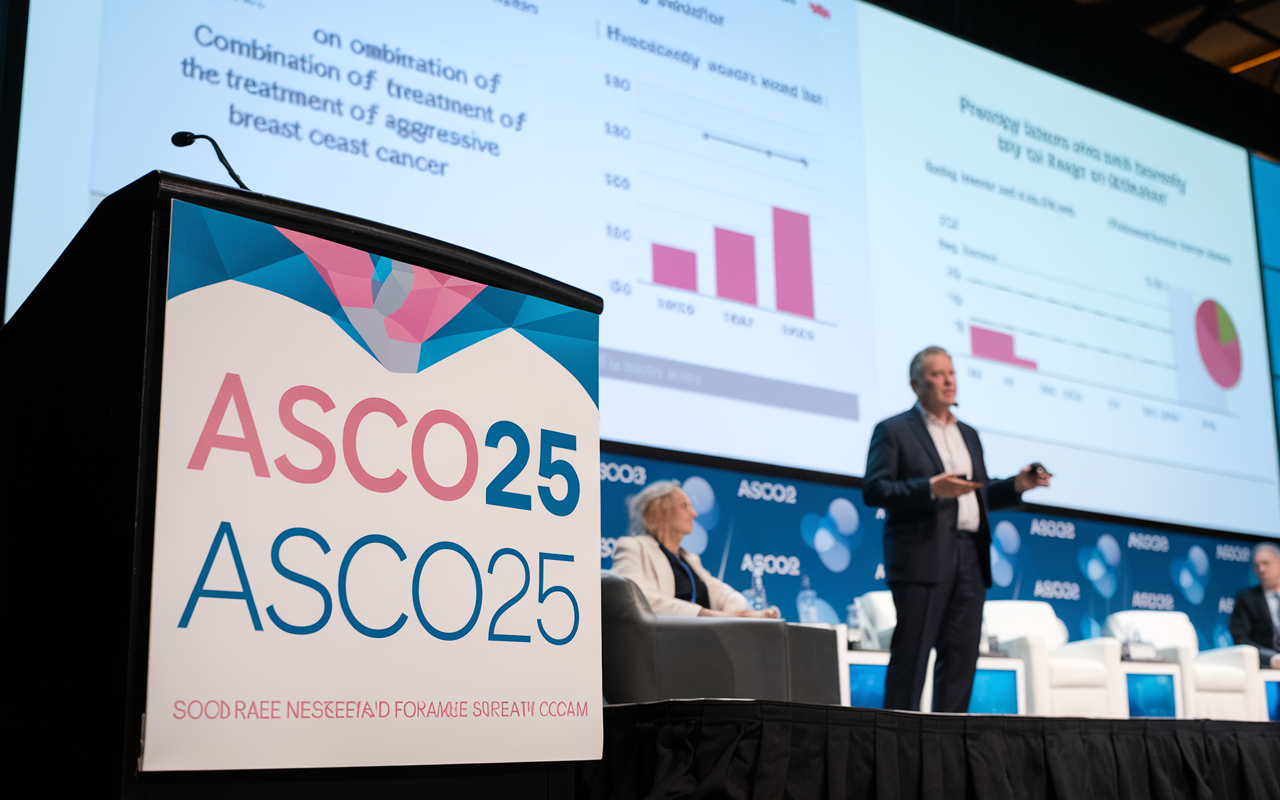 Abstract representation of antibodies targeting cancer cells in breast tissue