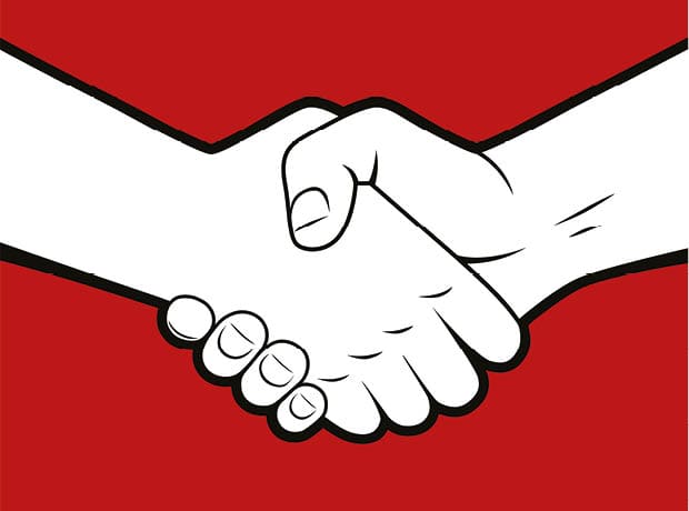 An abstract image of a handshake overlaid with neural networks and brain imagery, symbolizing a partnership in neuroscience advancement