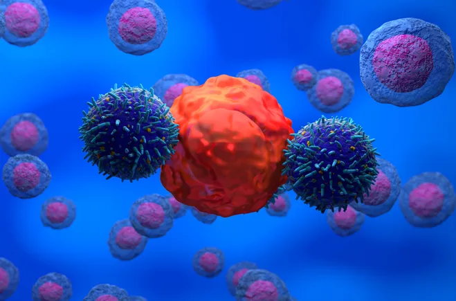 An image of a DNA strand transforming into a powerful weapon against cancer cells