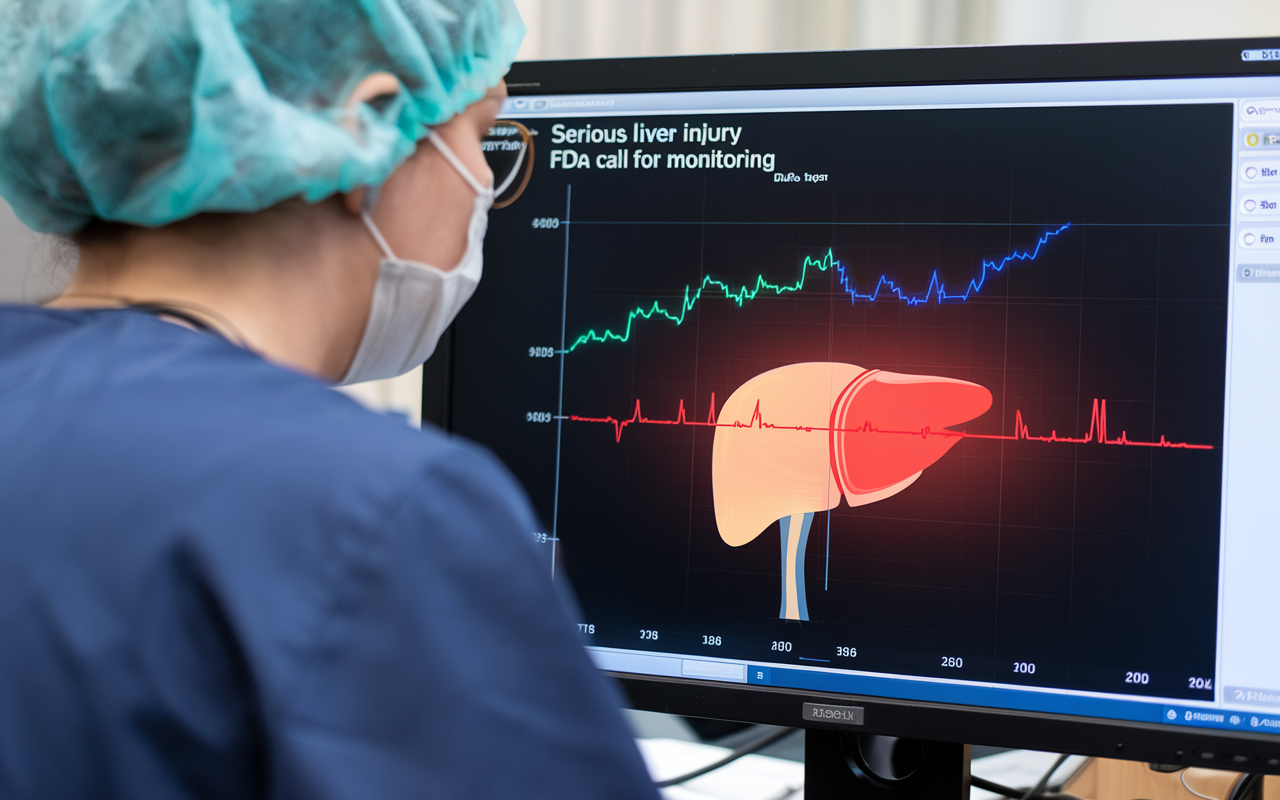 Graphic of a caution sign overlaid on a liver illustration