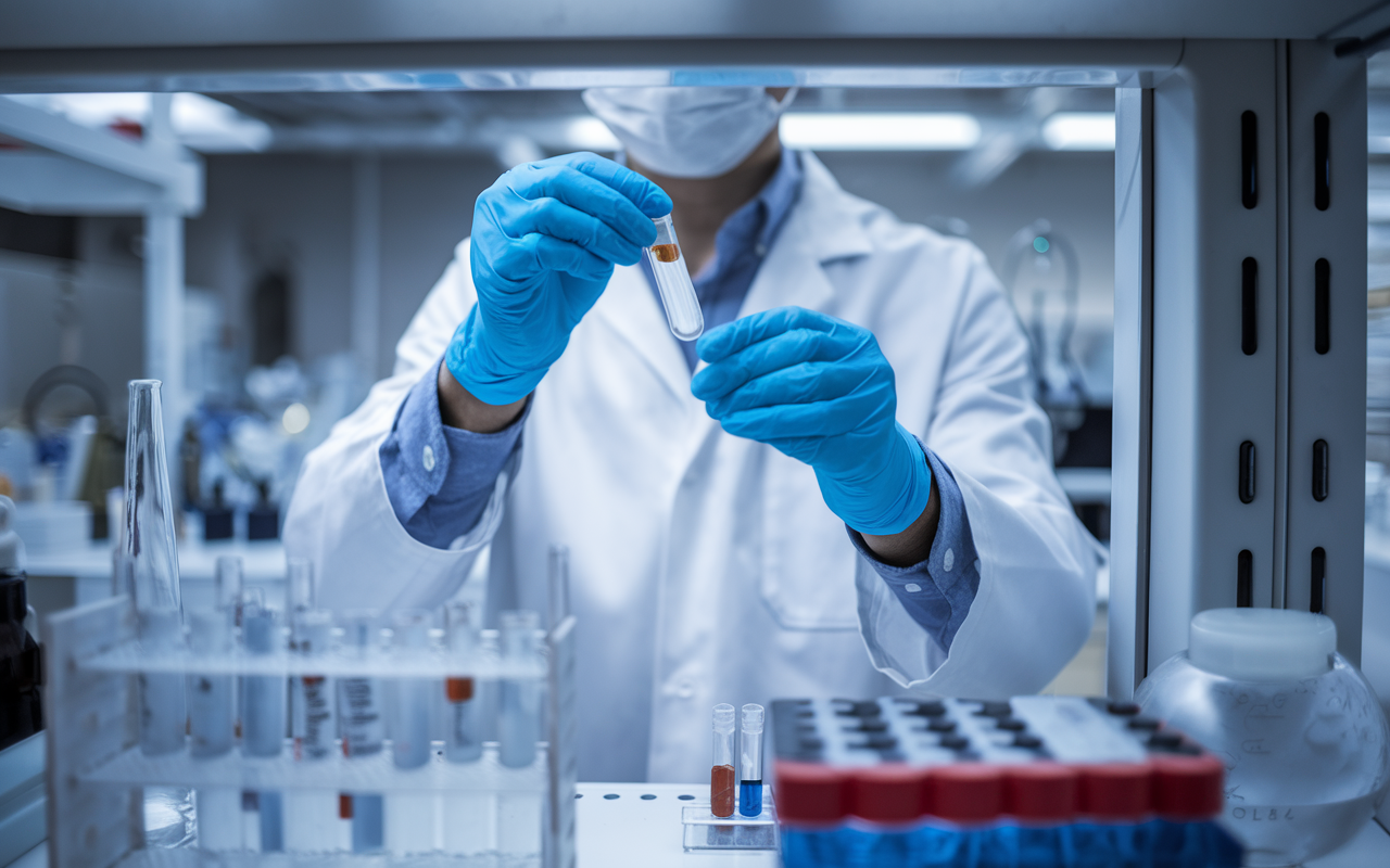 A futuristic radiopharmaceutical lab with glowing compounds