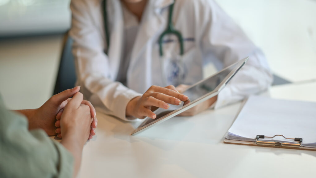 Illustration of a medical interface with AI elements, symbolizing integration of AI in healthcare, no people