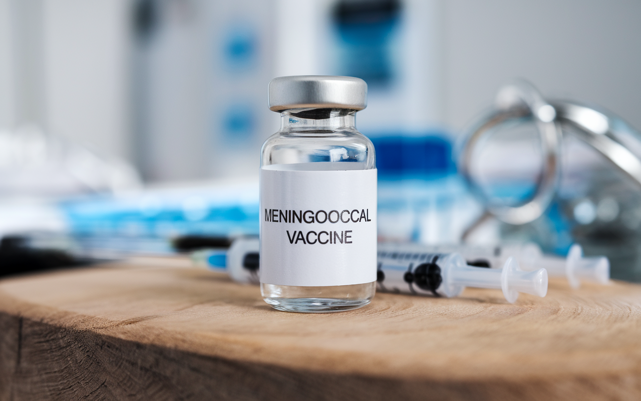 A close-up of a vaccine vial labeled "Meningococcal Vaccine" against a backdrop of scientific equipment