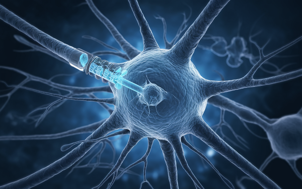 Illustration of a neuron interlinked with a glucose molecule