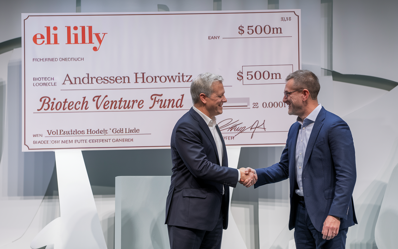 A handshake between Eli Lilly and a16z logos symbolizing a partnership to fuel biotech innovation