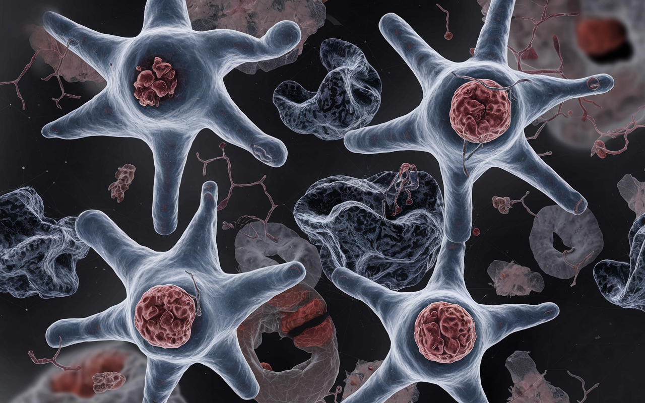 Abstract depiction of microglial cells interacting with neurons in the brain