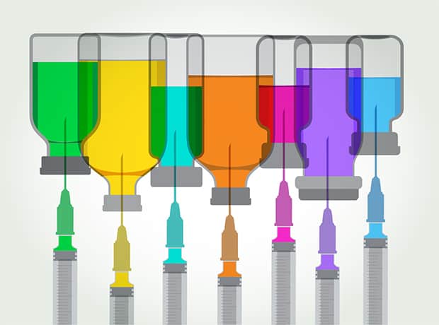 Vaccine vial with mRNA strands symbolizing innovative flu vaccine