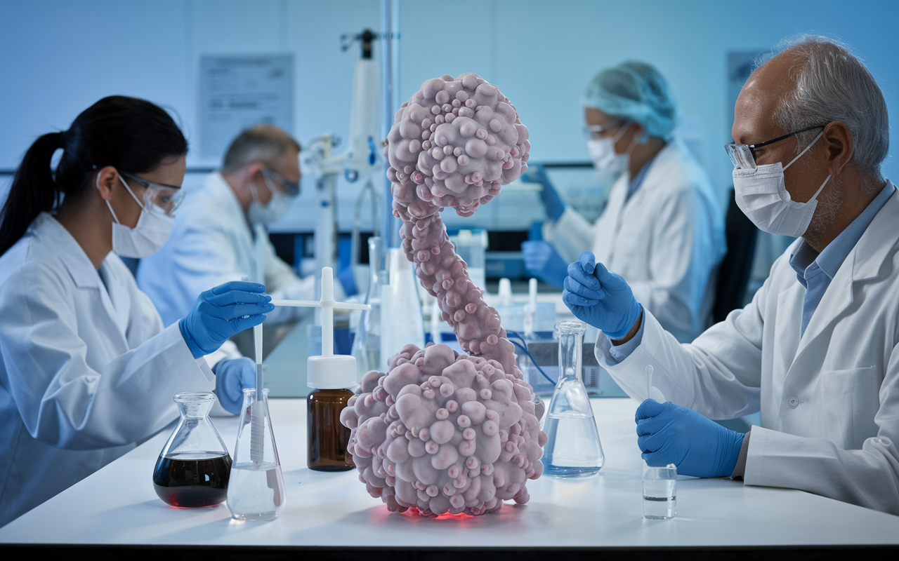Illustration of cancer cells being targeted by a drug molecule