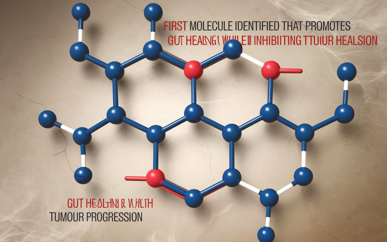 Artistic representation of intestinal healing with molecular structures, symbolizing gut repair and cancer inhibition