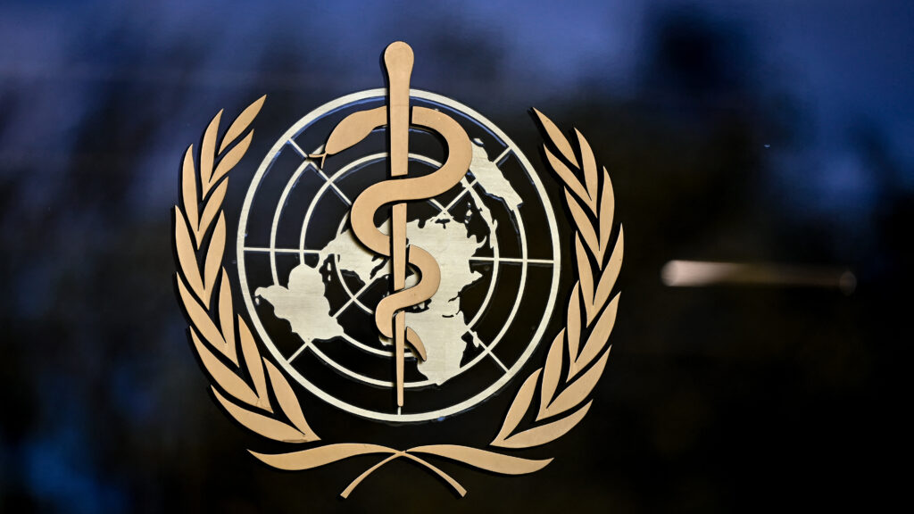 A global health symbol with interconnected lines representing collaboration
