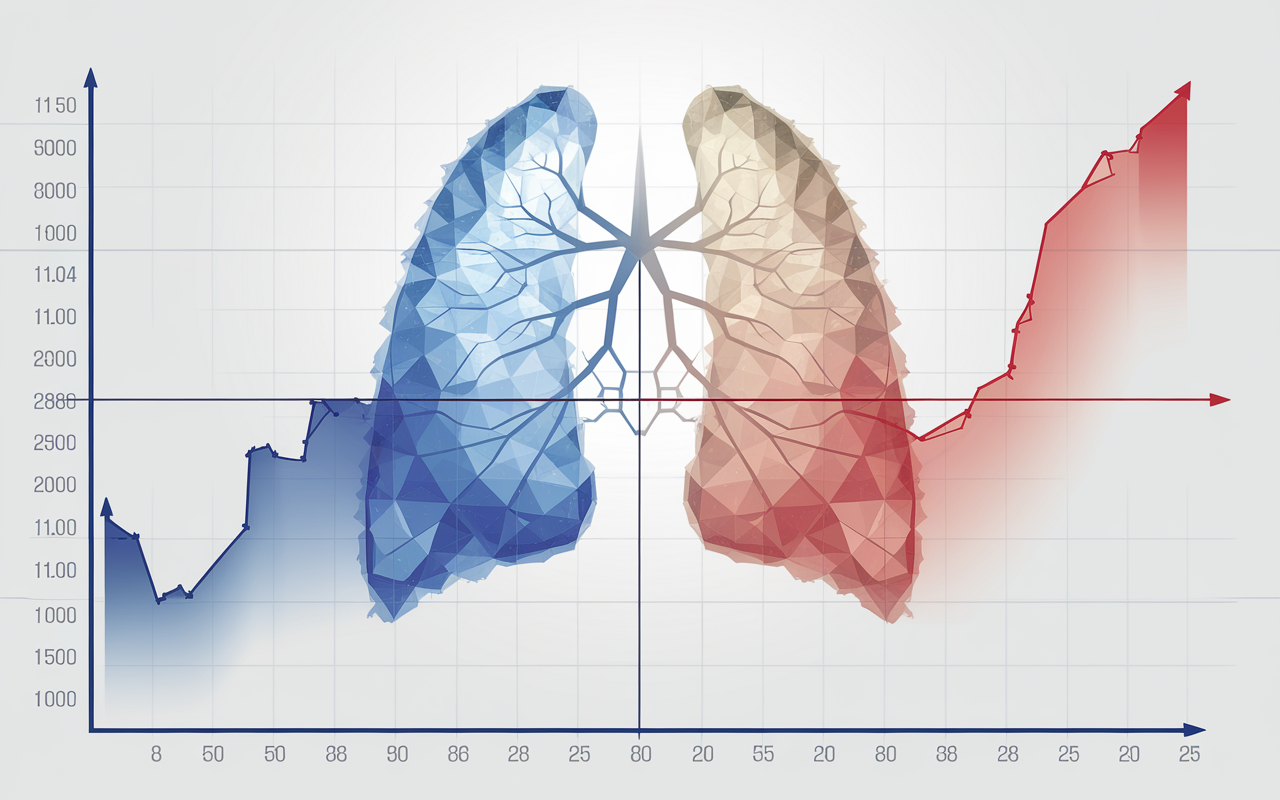 Conceptual image of lung cells with a focus on antibodies targeting cancer cells