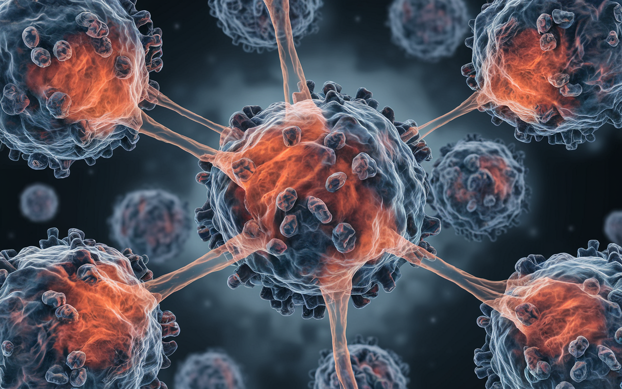 A glowing beacon emerging from tumor cells, representing enhanced cancer vaccine effectiveness