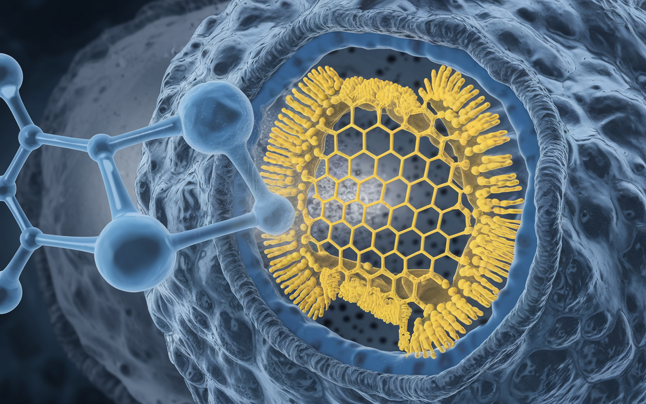 Conceptual image of a drug breaking down barriers to immune cells attacking a tumor