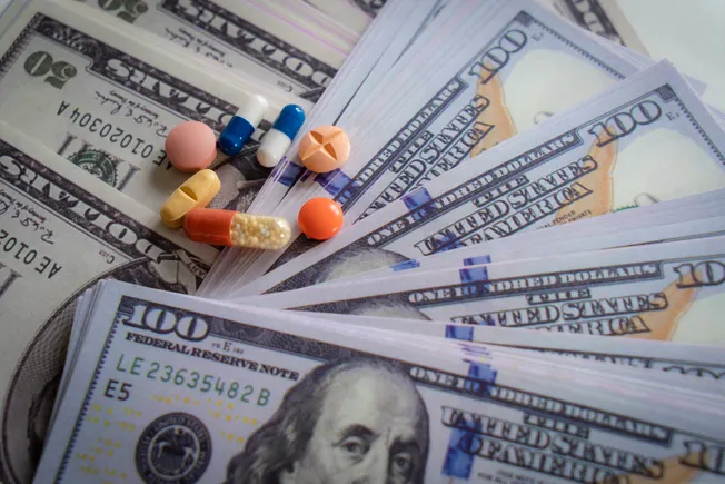 Stylized image of financial growth graphs and biotech molecules