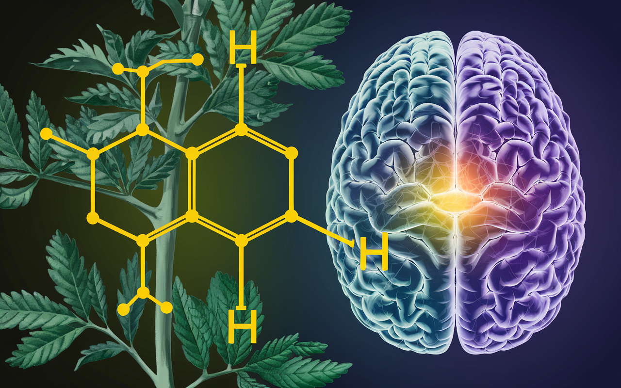 An illustration of rosemary and sage herbs with chemical structures floating around