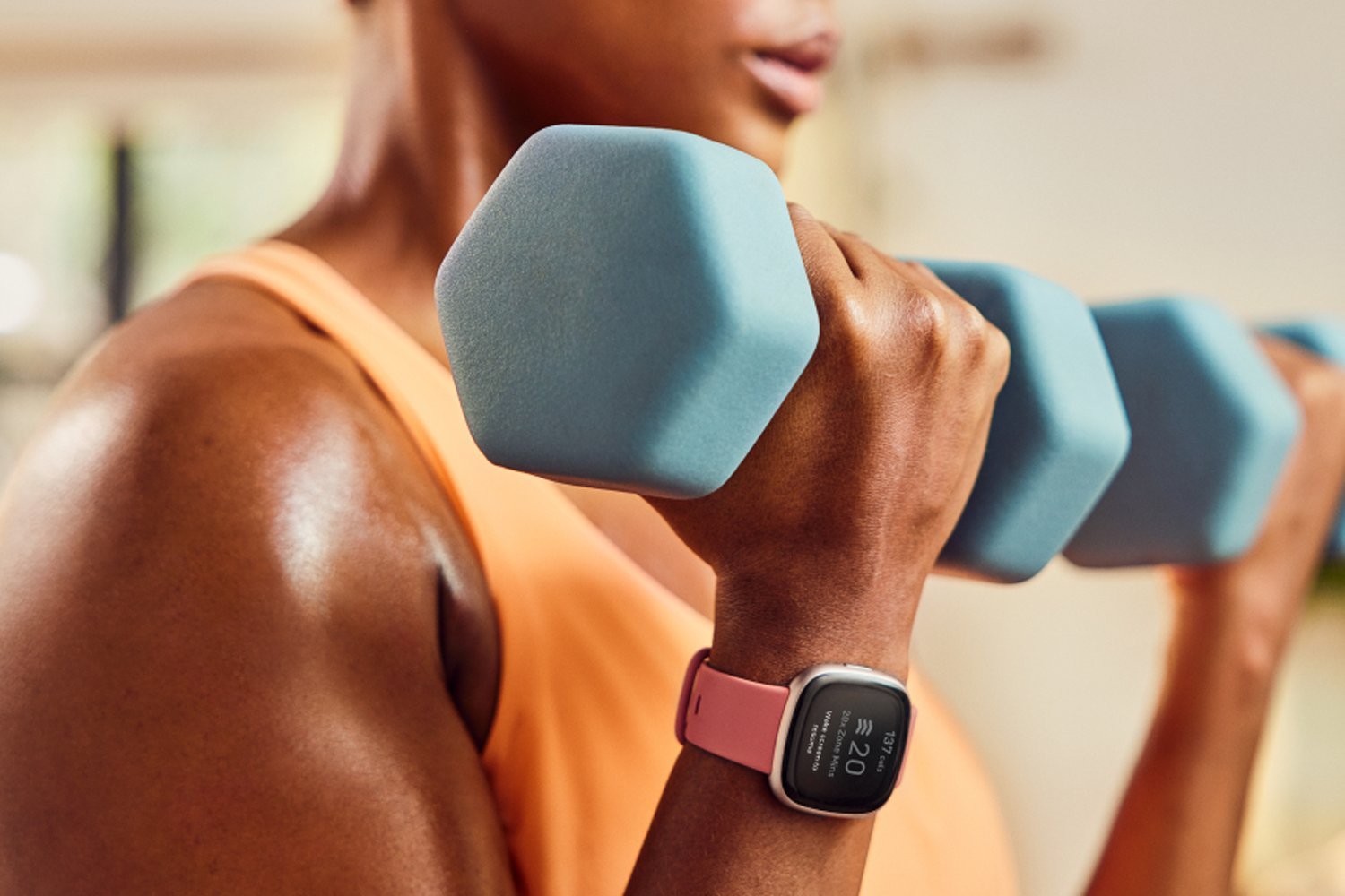 An image of a sleek smartwatch displaying health stats surrounded by subtle fitness-themed elements.