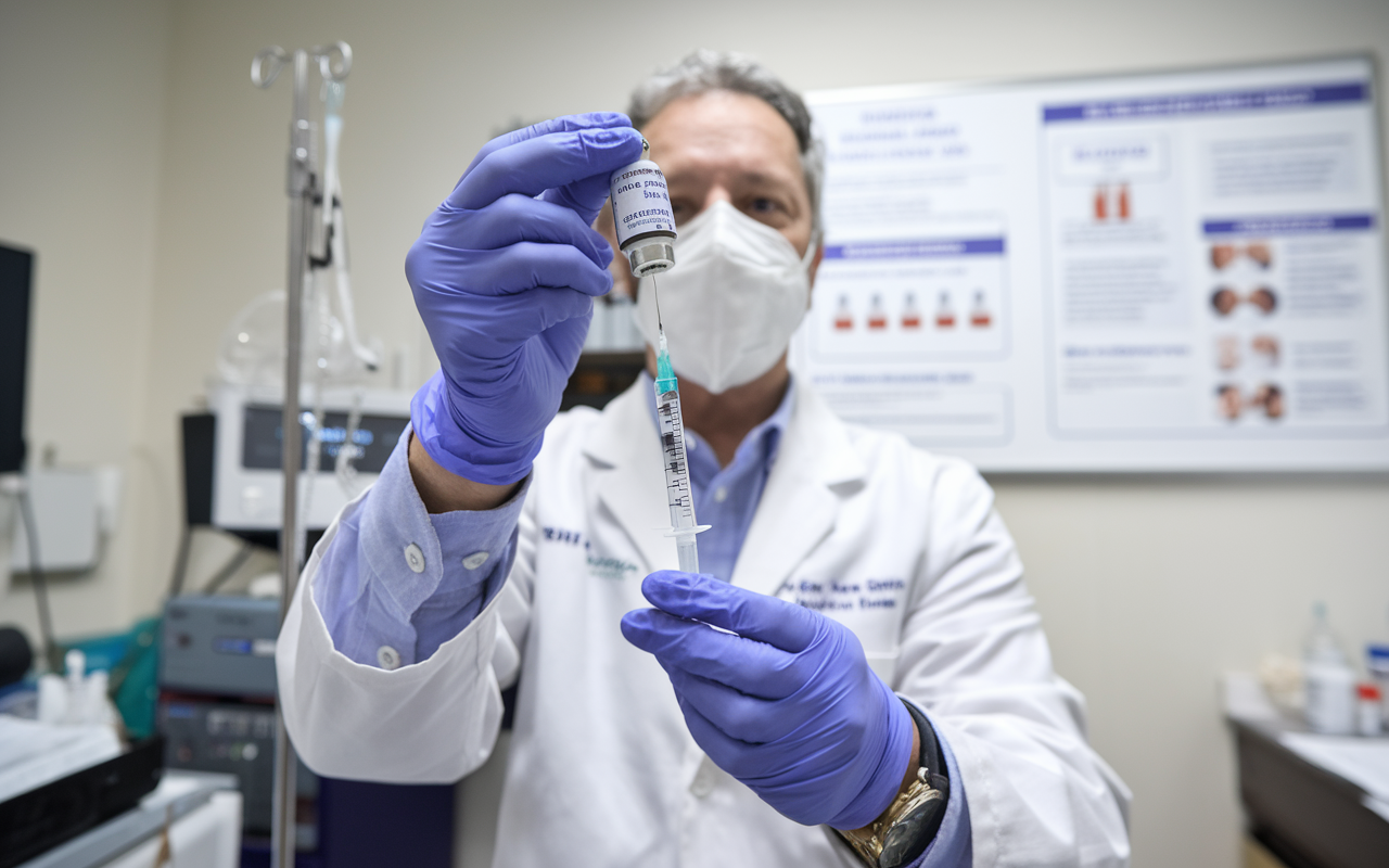 Syringe and vaccine vial with a backdrop of healthy adults