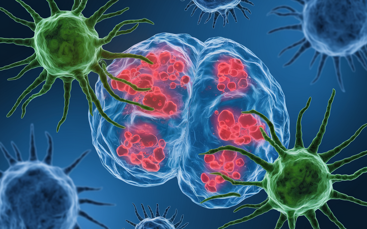 A breakthrough in immunotherapy showing brain cancer cells being targeted by immune cells