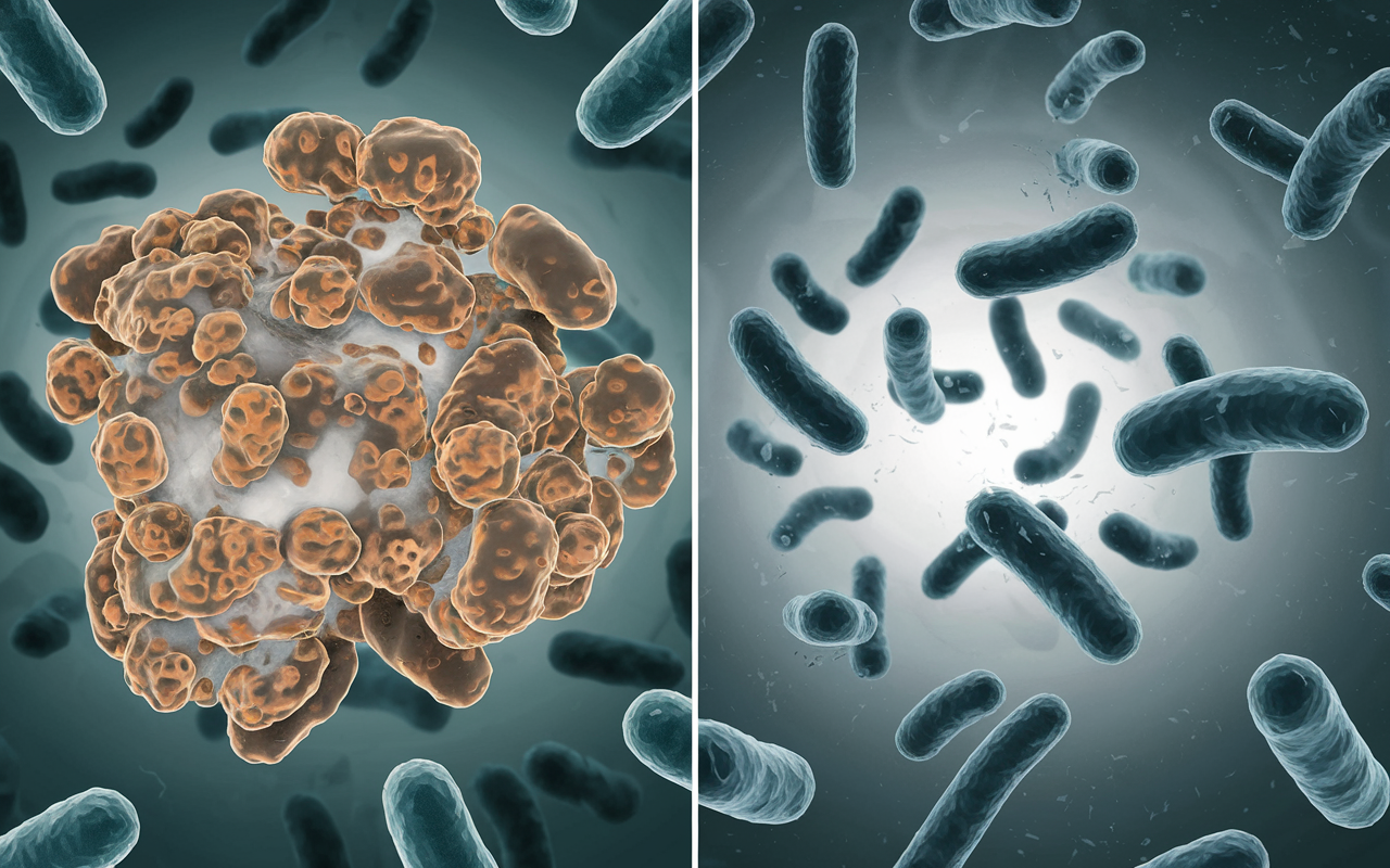 Image of antibiotic capsules beside a simplified illustration of the digestive system