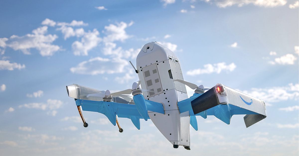 A futuristic drone delivering a package in a suburban neighborhood