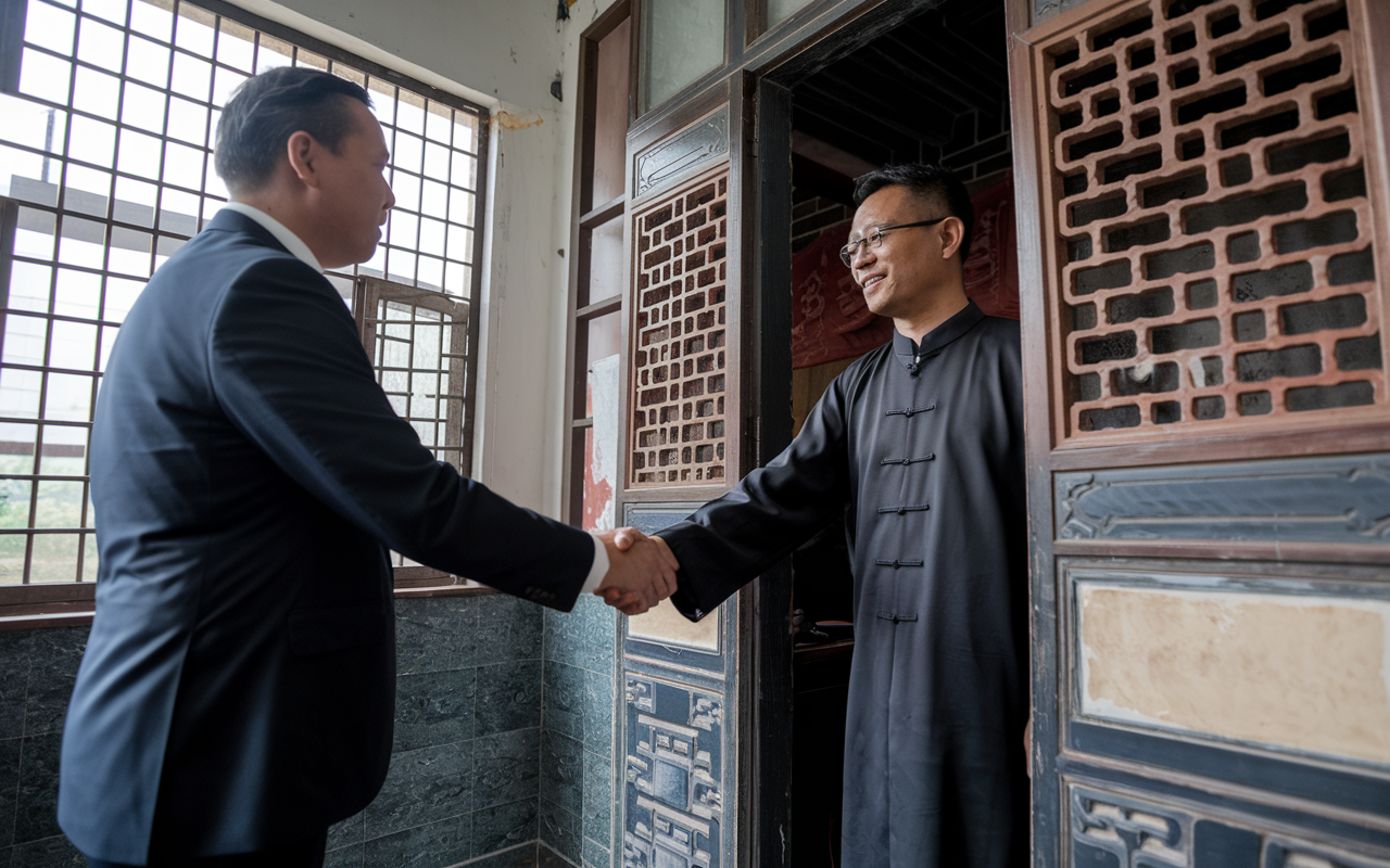 Two scientists shaking hands over a laboratory agreement