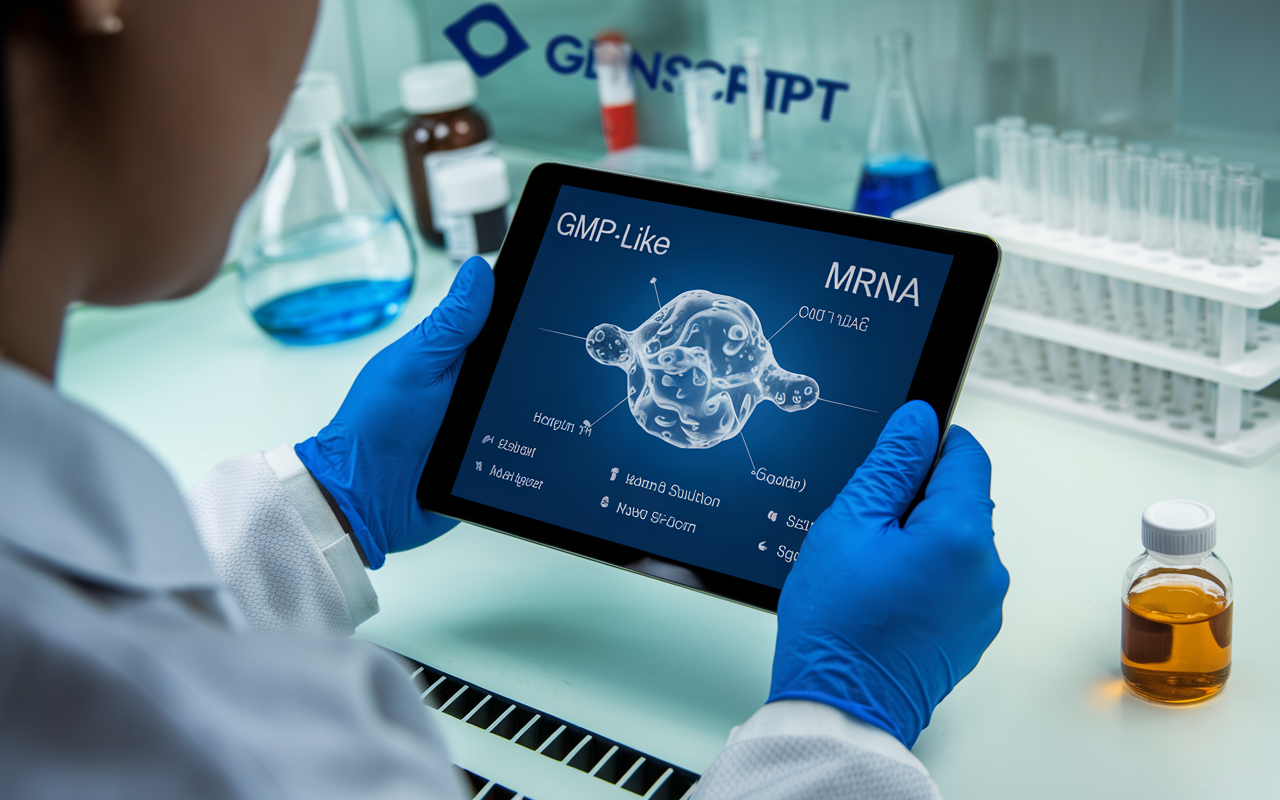 Illustration of mRNA strands being synthesized in a high-tech laboratory