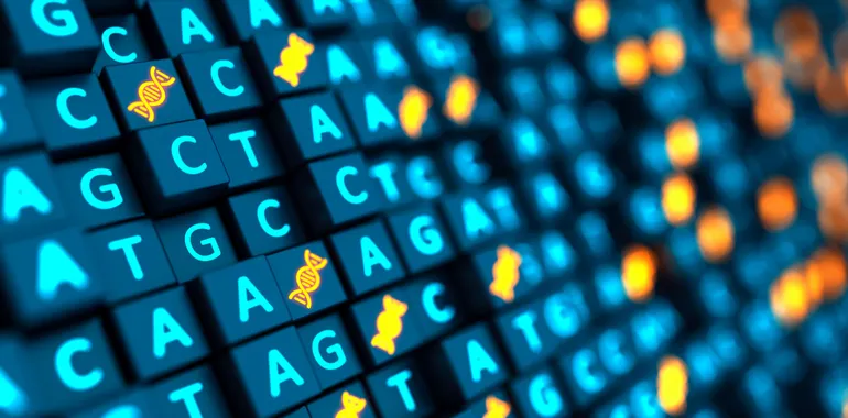 Depiction of gene editing with DNA strands being precisely modified