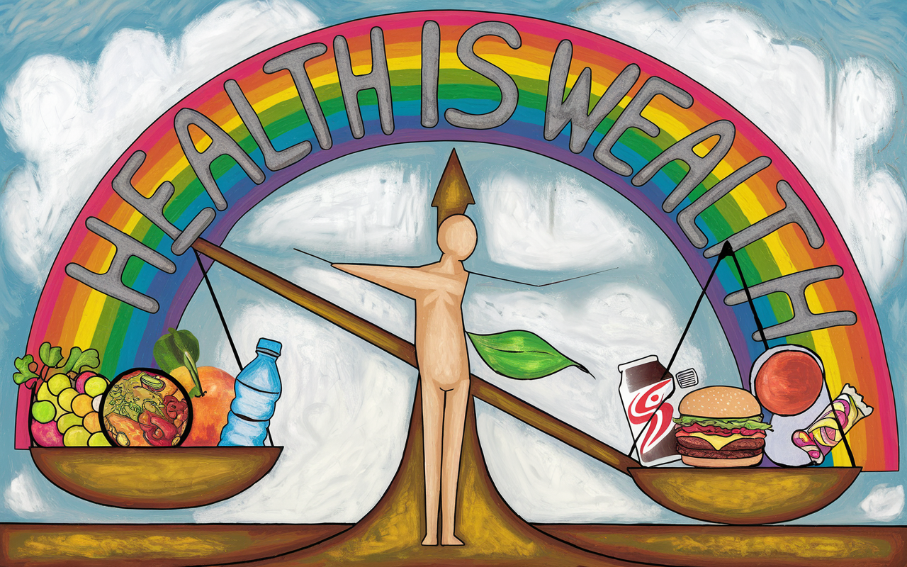An abstract depiction of weight scales tipping toward health