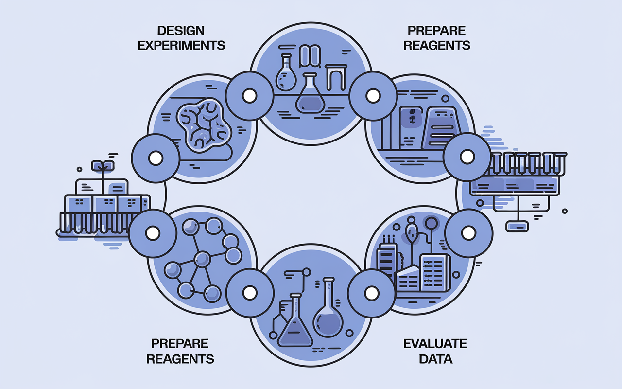 Illustration of seven interconnected steps forming a cycle, representing a strategic process in a laboratory setting. Clean design, blue tones.
